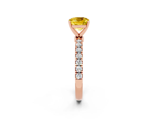 Rose gold Cushion Cut Yellow Sapphire Solitaire Ring with Pavé Accents and Four-Prong Setting