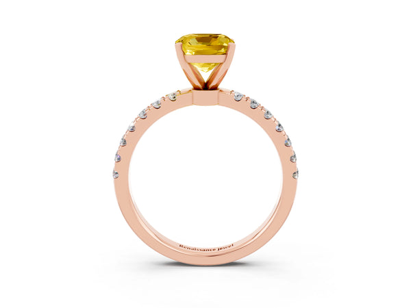 Rose gold Cushion Cut Yellow Sapphire Solitaire Ring with Pavé Accents and Four-Prong Setting