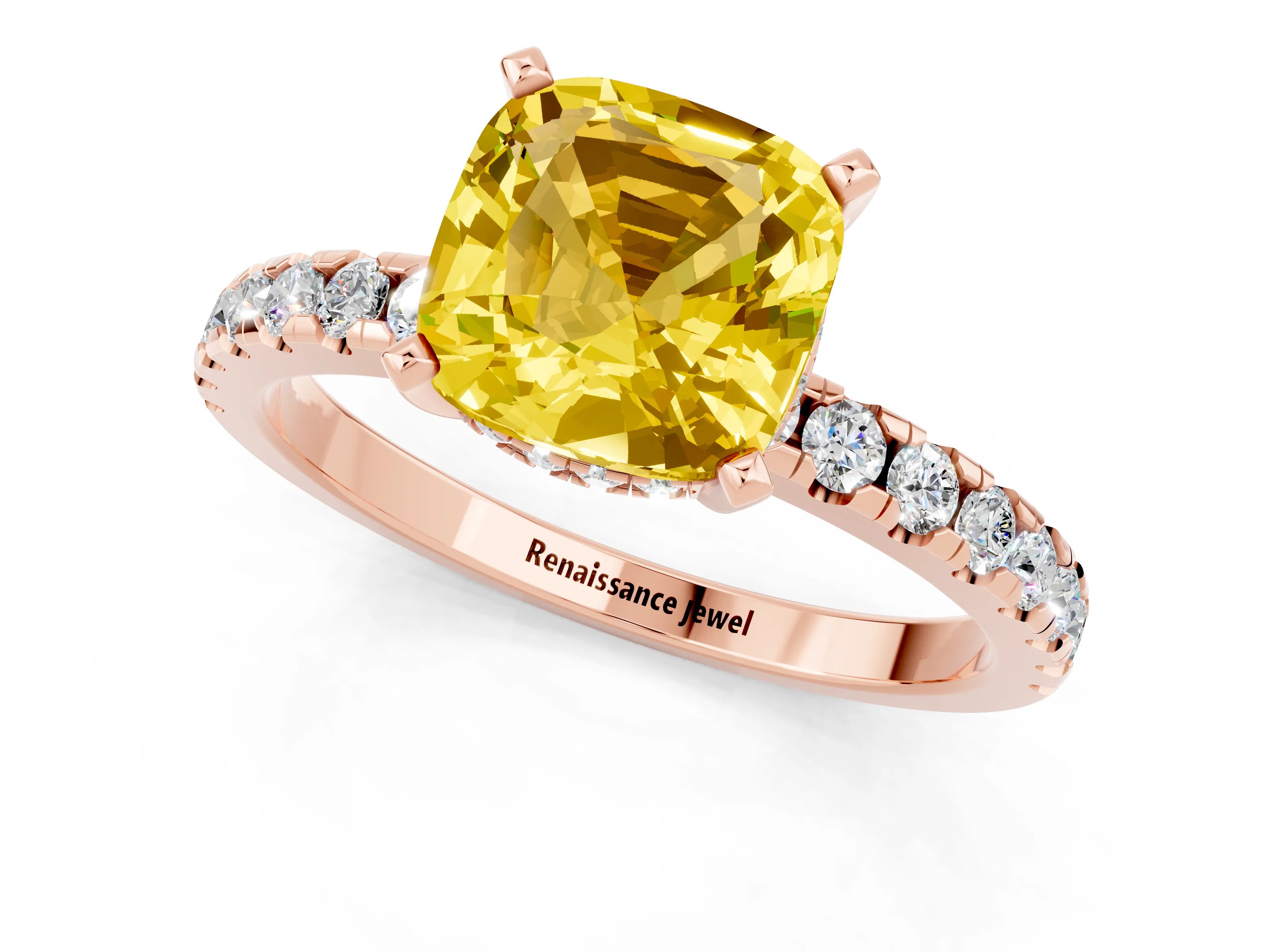 Rose gold Cushion Cut Yellow Sapphire Solitaire Ring with Pavé Band and Four-Prong Setting_61