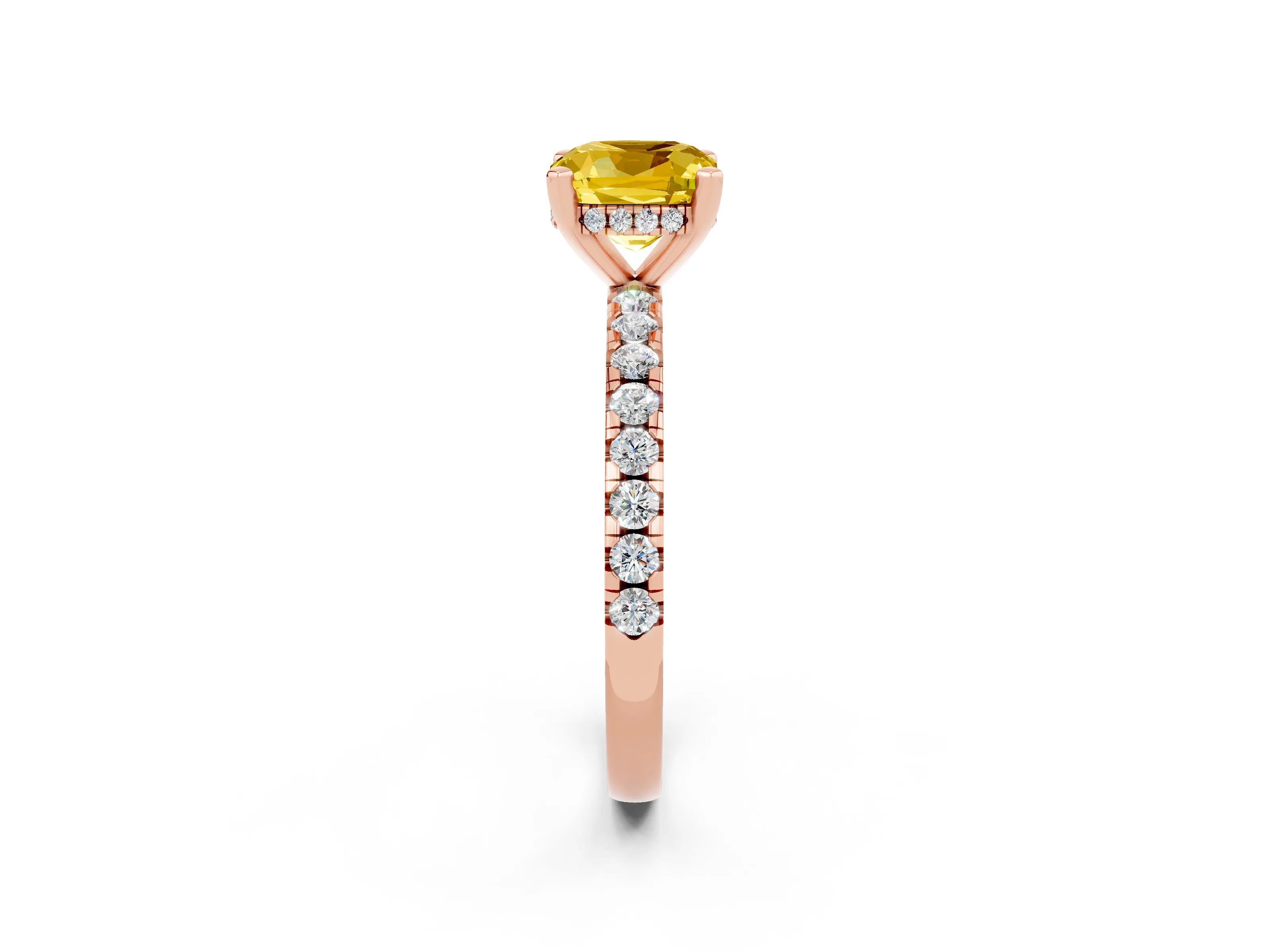 Rose gold Cushion Cut Yellow Sapphire Solitaire Ring with Pavé Band and Four-Prong Setting_62