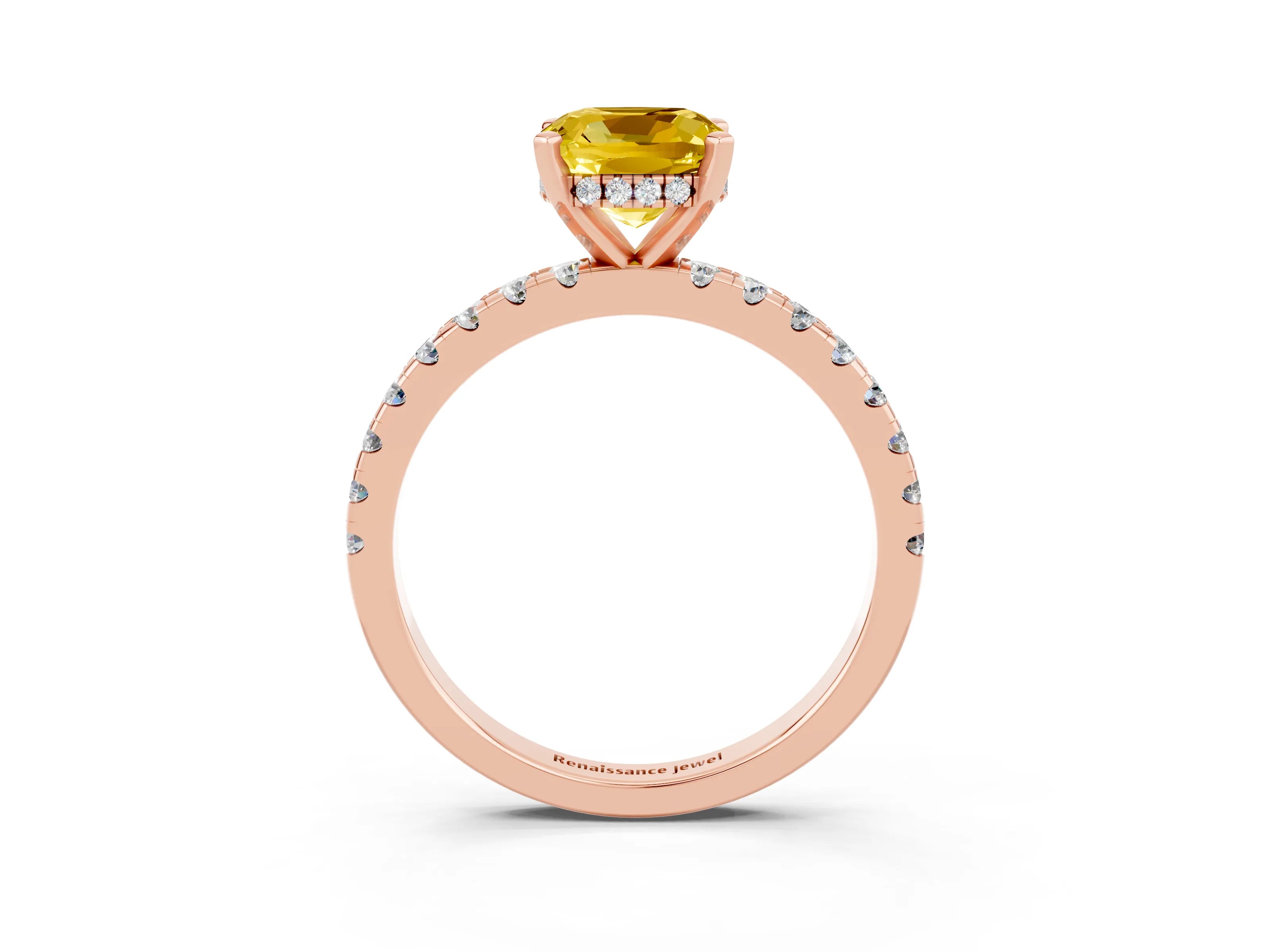 Rose gold Cushion Cut Yellow Sapphire Solitaire Ring with Pavé Band and Four-Prong Setting_63