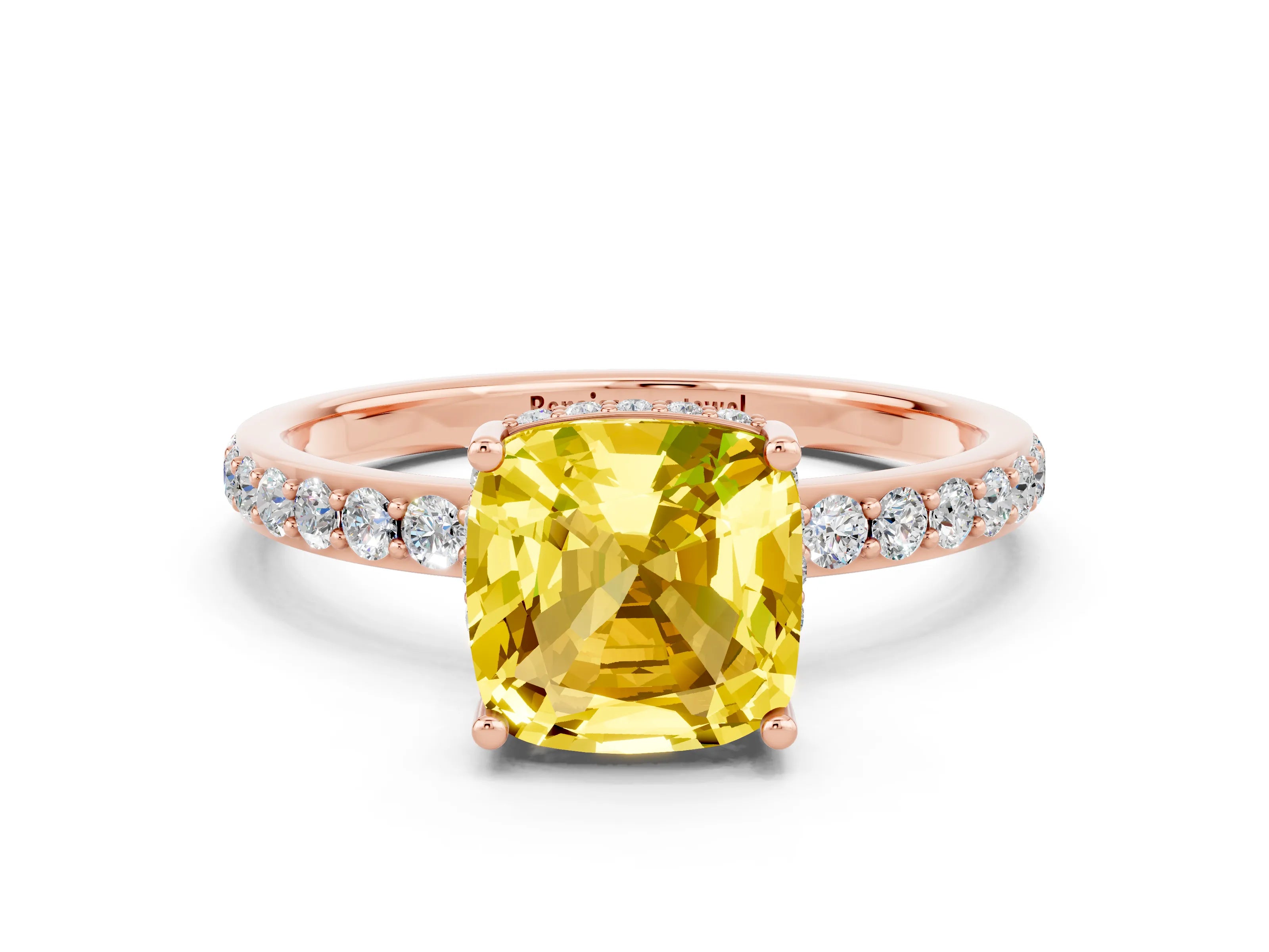 Rose gold Cushion Cut Yellow Sapphire Solitaire Ring with Pavé Band and Hidden Halo_12