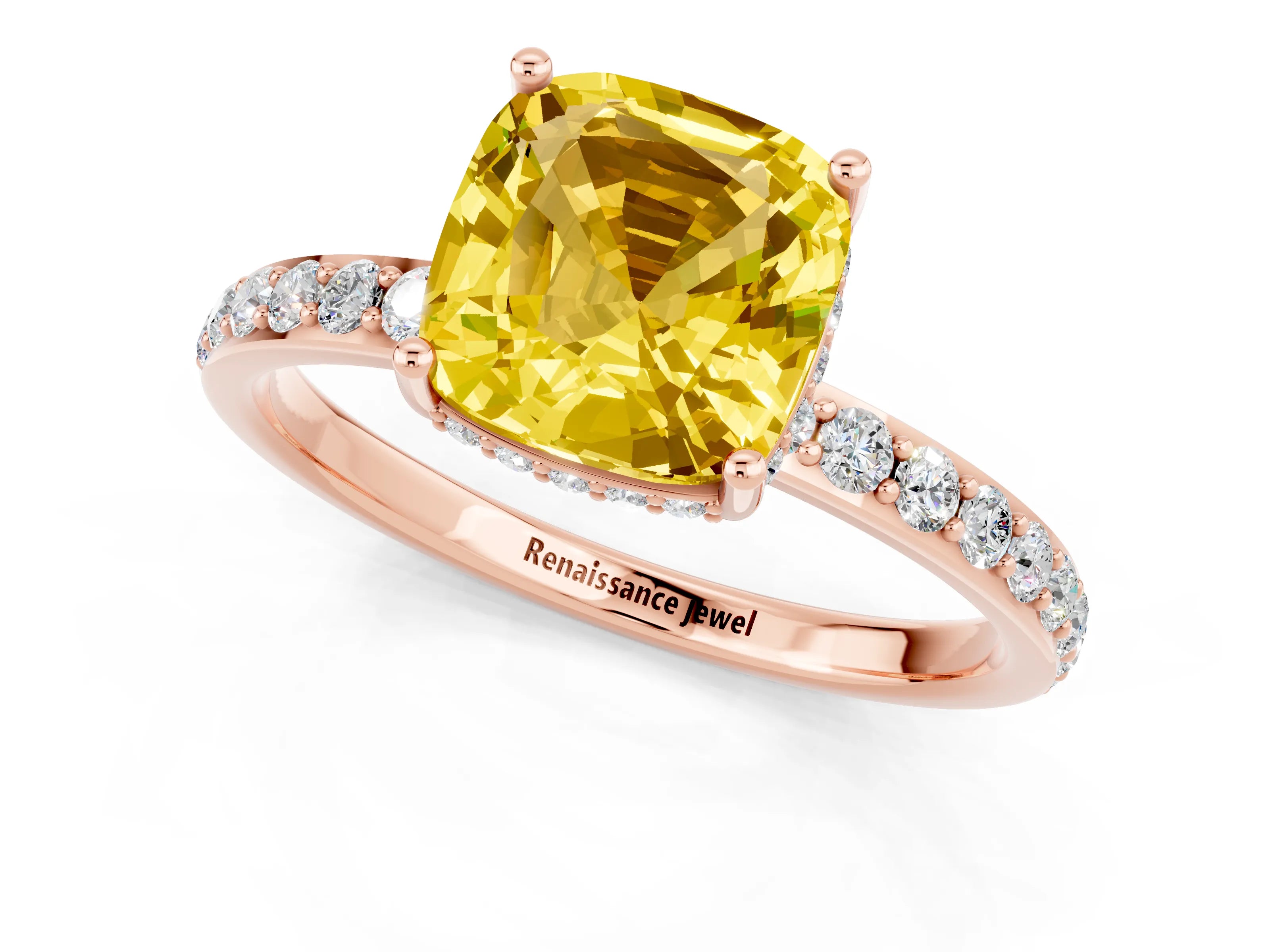 Rose gold Cushion Cut Yellow Sapphire Solitaire Ring with Pavé Band and Hidden Halo_13
