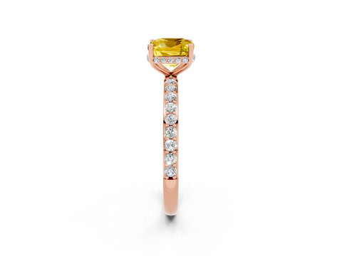 Rose gold Cushion Cut Yellow Sapphire Solitaire Ring with Pavé Band and Hidden Halo_14