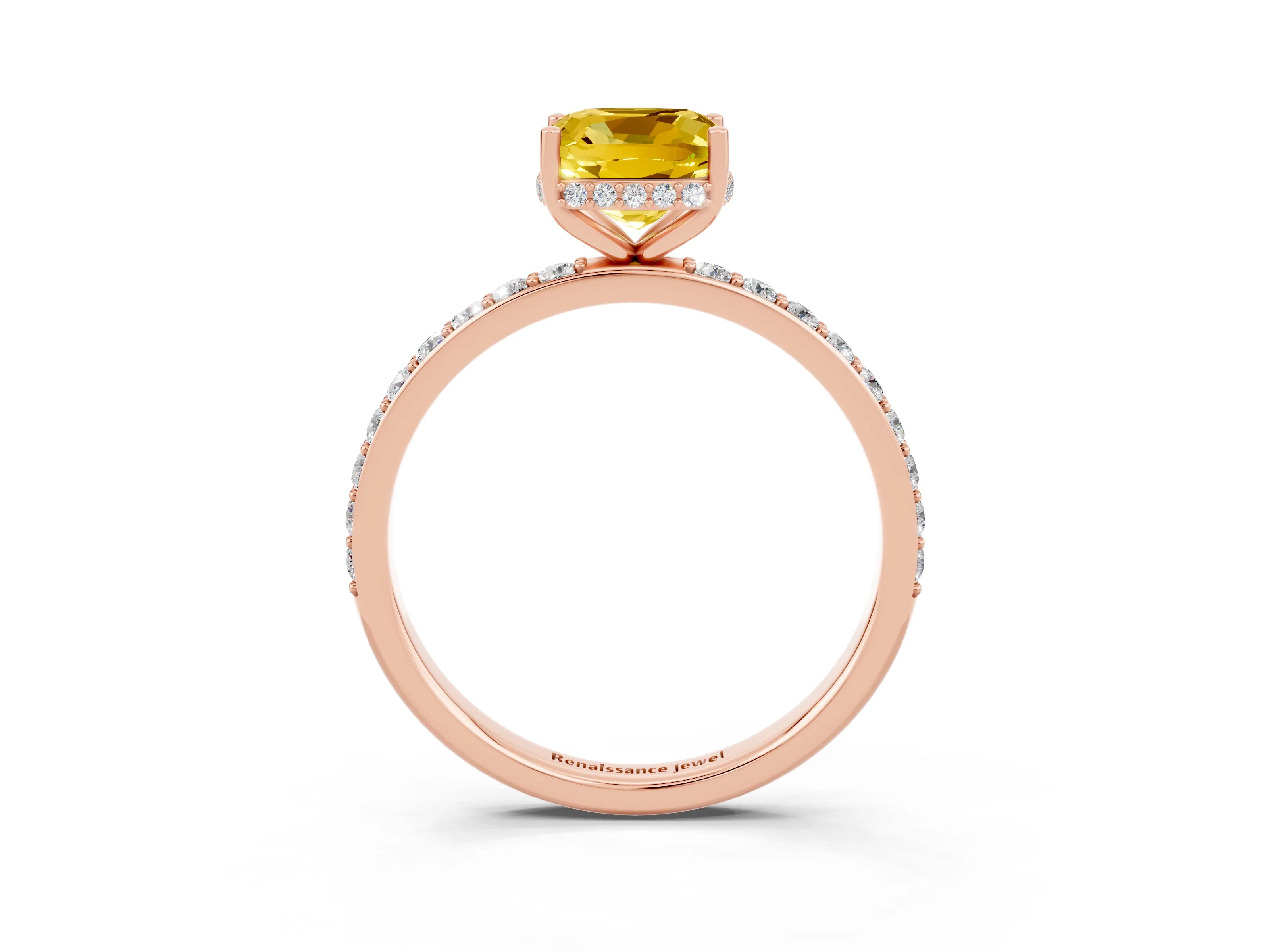 Rose gold Cushion Cut Yellow Sapphire Solitaire Ring with Pavé Band and Hidden Halo_15