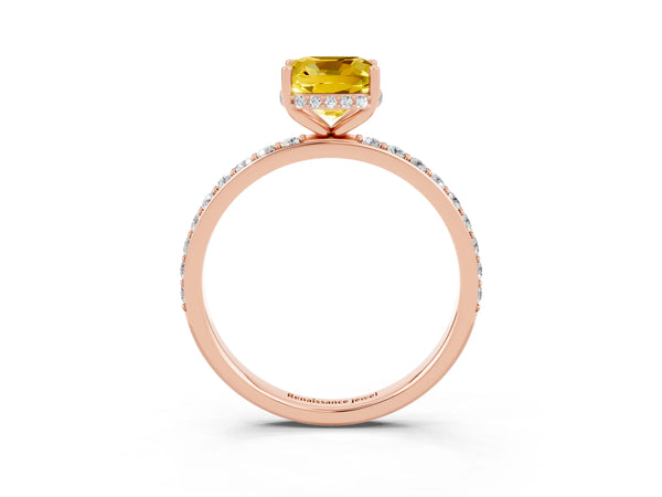 Rose gold Cushion Cut Yellow Sapphire Solitaire Ring with Pavé Band and Hidden Halo
