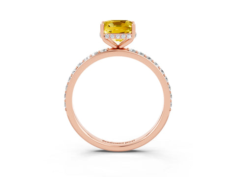 Rose gold Cushion Cut Yellow Sapphire Solitaire Ring with Pavé Band and Hidden Halo_15