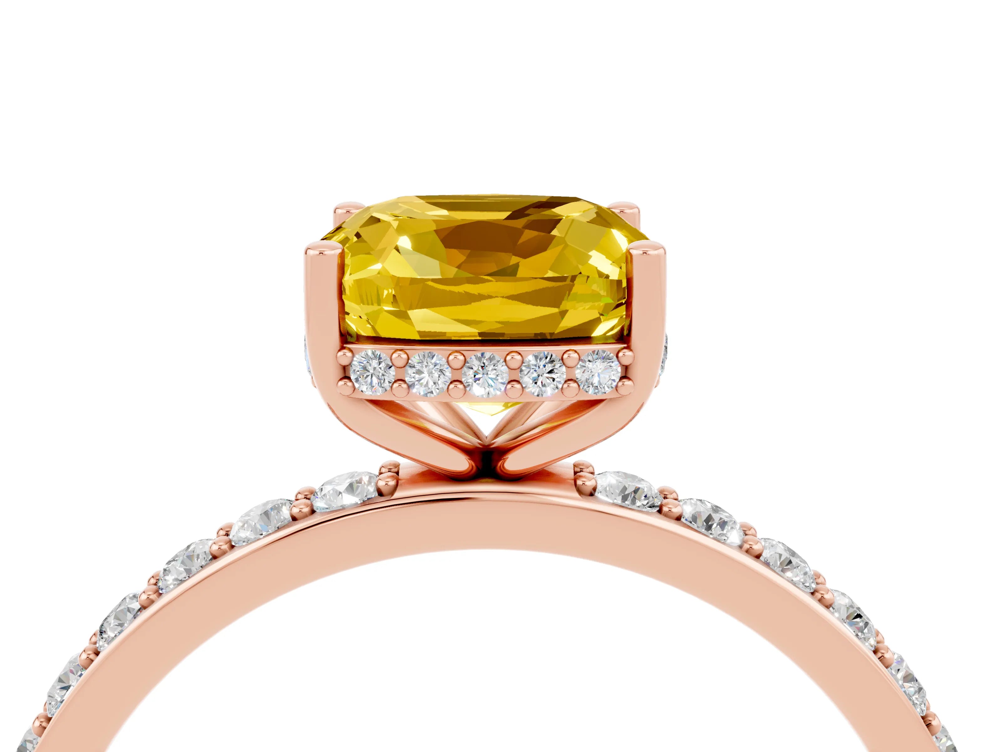 Rose gold Cushion Cut Yellow Sapphire Solitaire Ring with Pavé Band and Hidden Halo_16