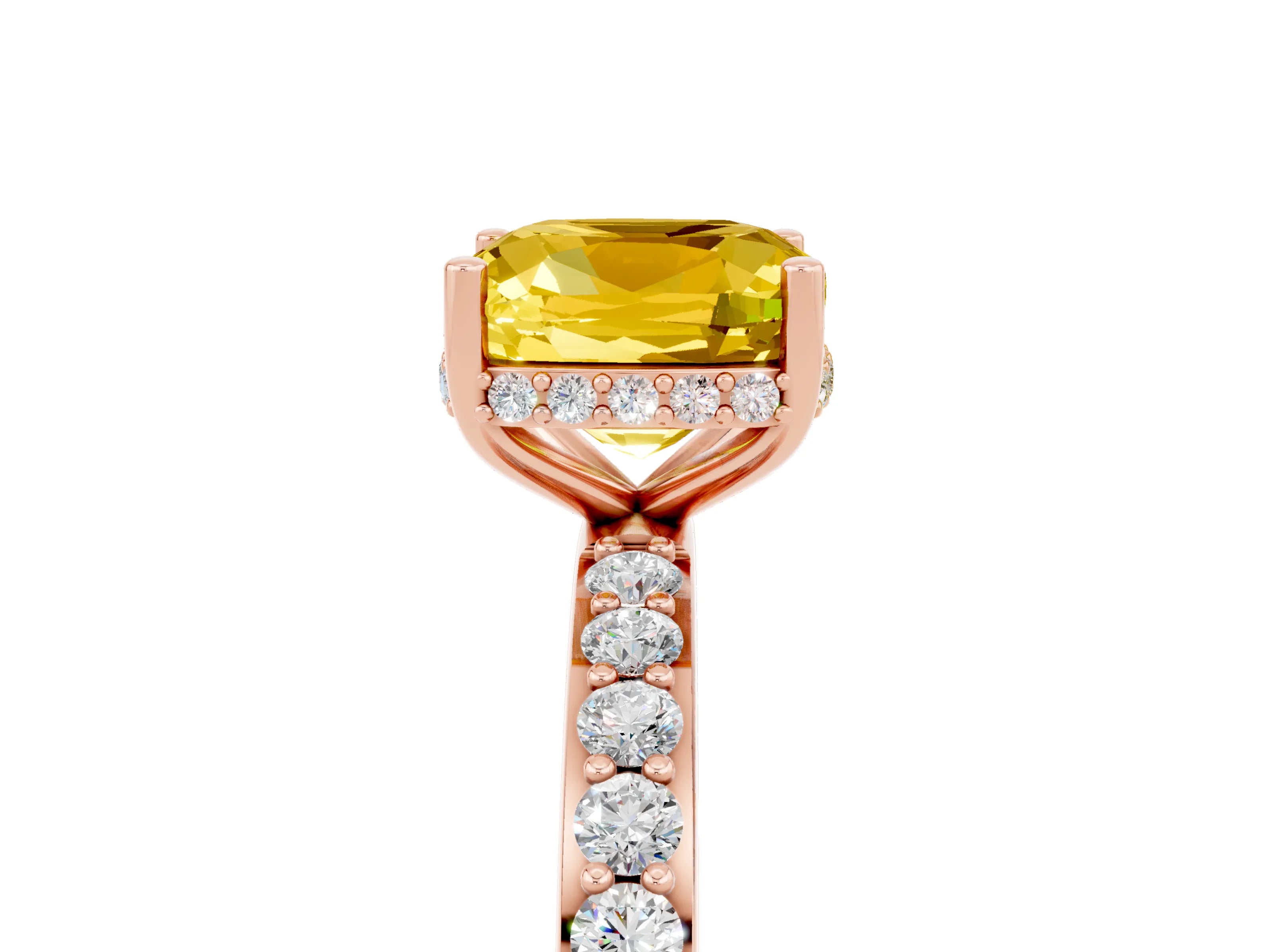 Rose gold Cushion Cut Yellow Sapphire Solitaire Ring with Pavé Band and Hidden Halo_17