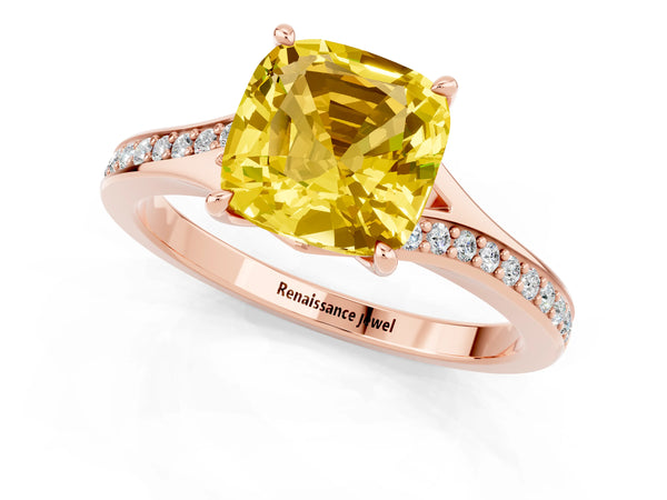 Rose gold Cushion Cut Yellow Sapphire Solitaire Ring with Pavé Band and Prong Setting