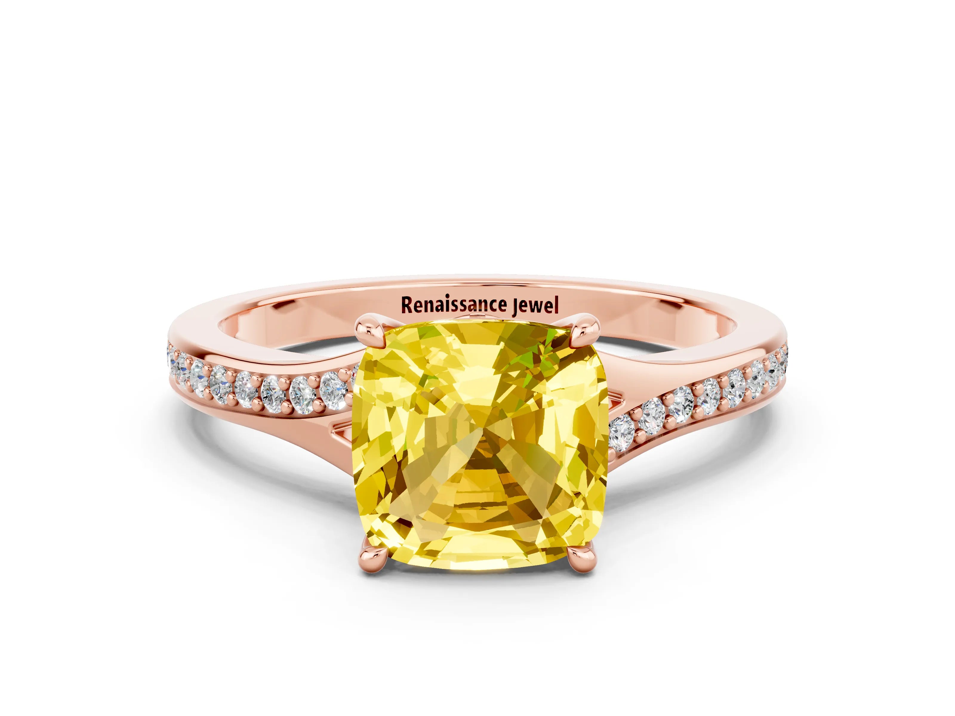 Rose gold Cushion Cut Yellow Sapphire Solitaire Ring with Pavé Band and Prong Setting_12