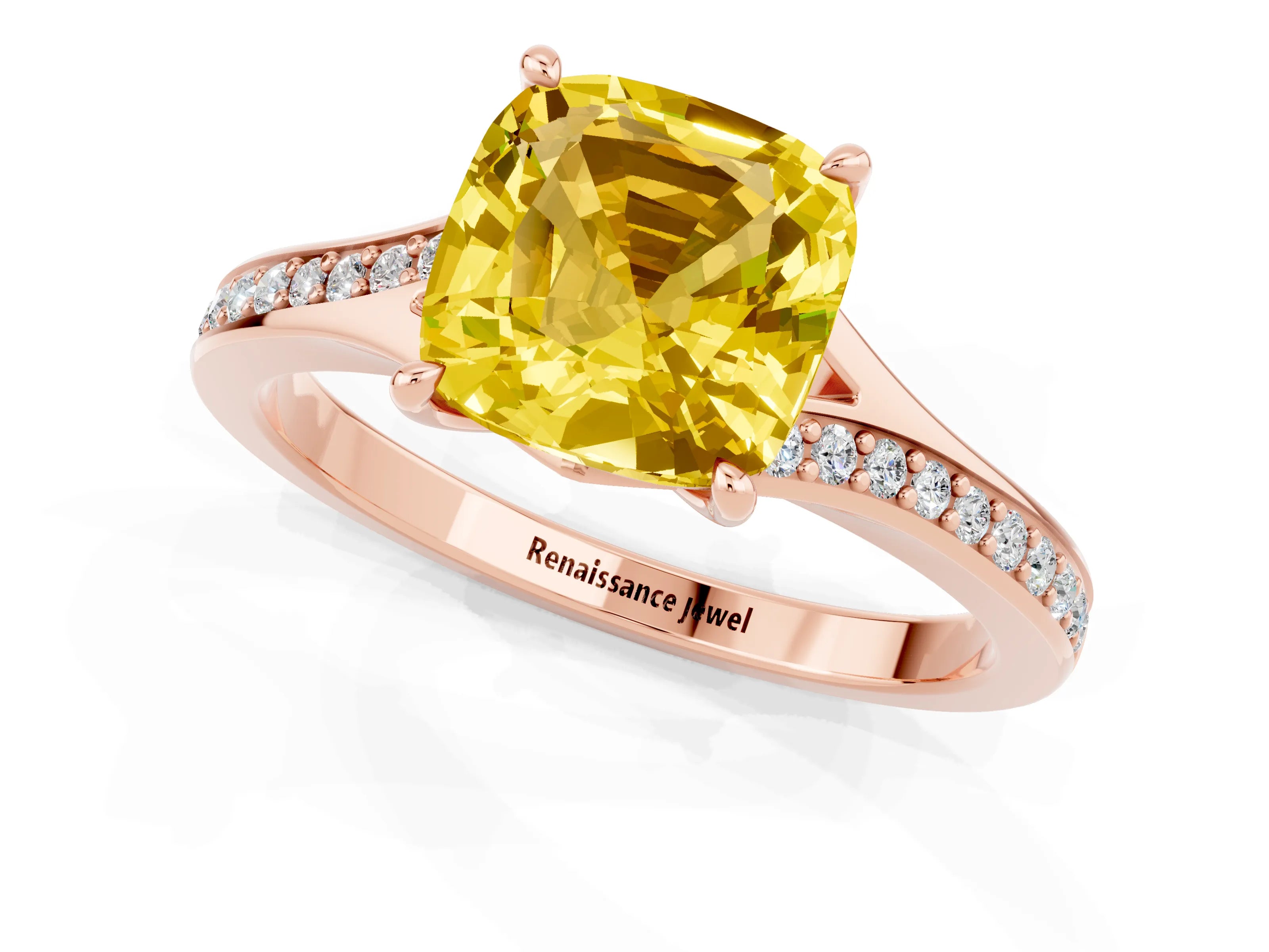 Rose gold Cushion Cut Yellow Sapphire Solitaire Ring with Pavé Band and Prong Setting_13