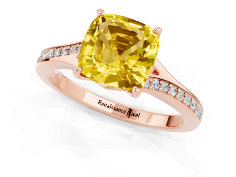 Rose gold Cushion Cut Yellow Sapphire Solitaire Ring with Pavé Band and Prong Setting_13