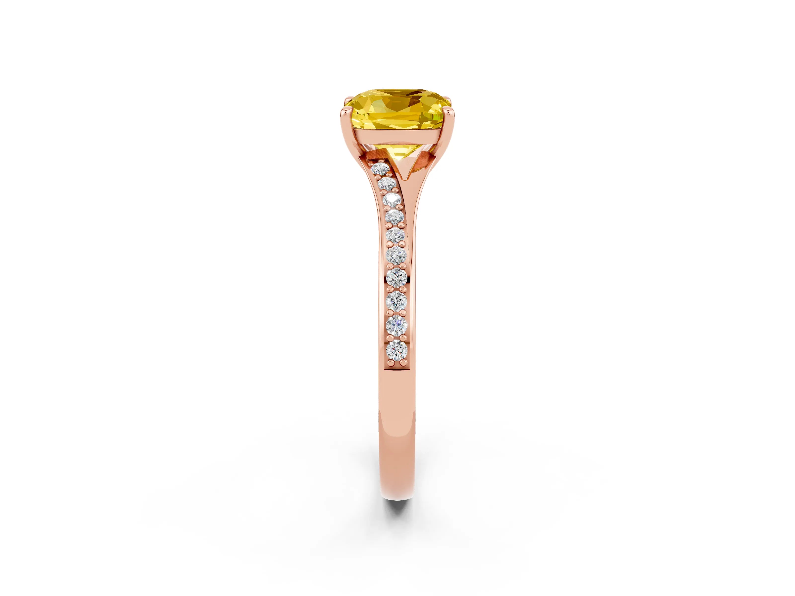 Rose gold Cushion Cut Yellow Sapphire Solitaire Ring with Pavé Band and Prong Setting_14