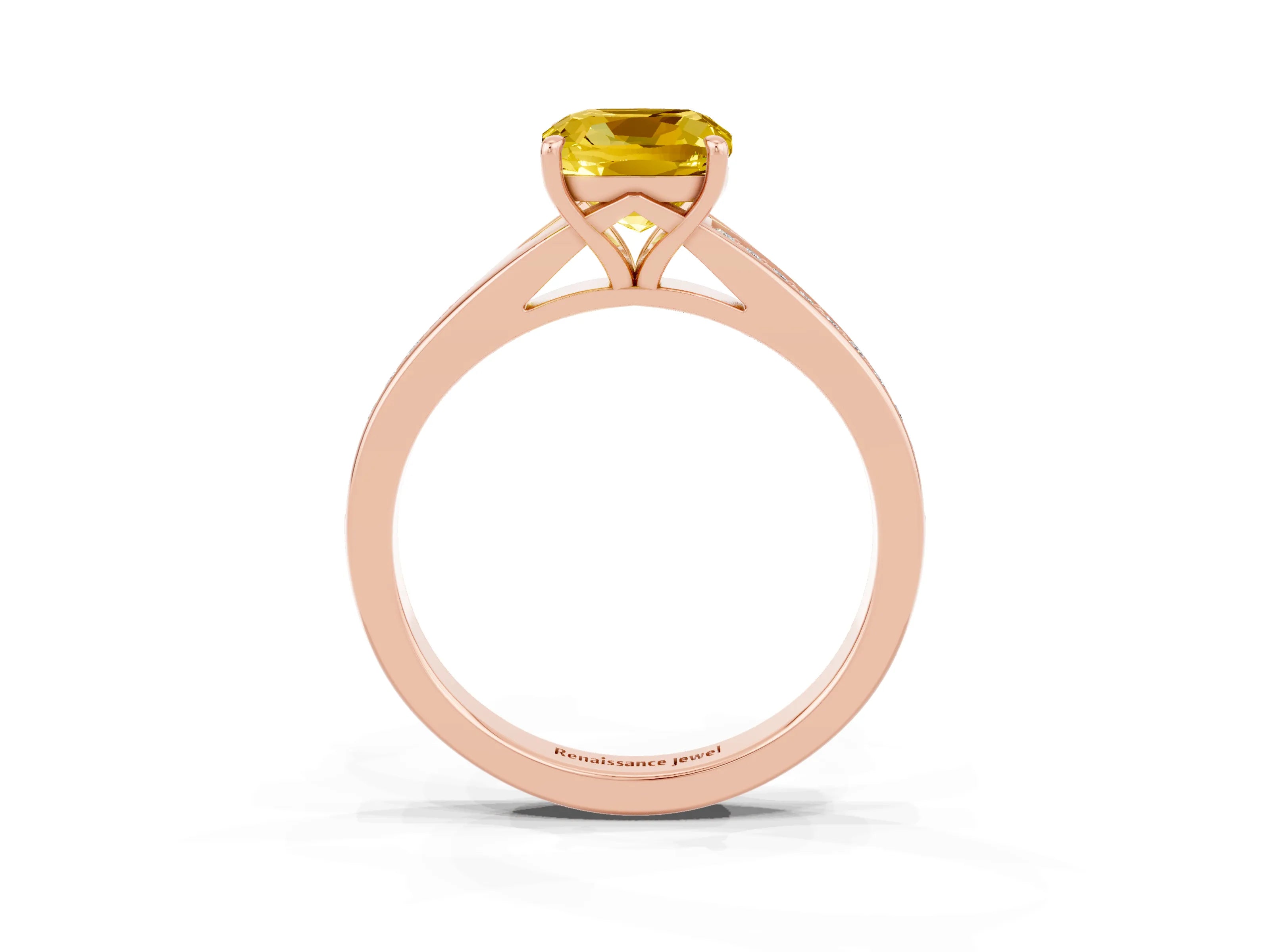 Rose gold Cushion Cut Yellow Sapphire Solitaire Ring with Pavé Band and Prong Setting_15