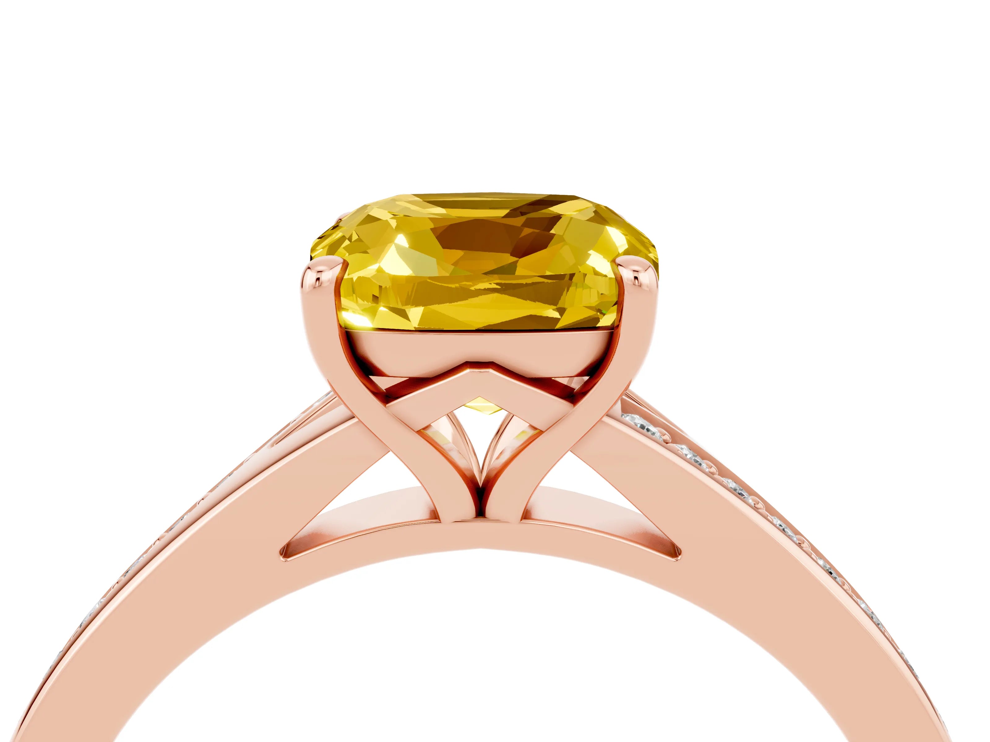 Rose gold Cushion Cut Yellow Sapphire Solitaire Ring with Pavé Band and Prong Setting_16