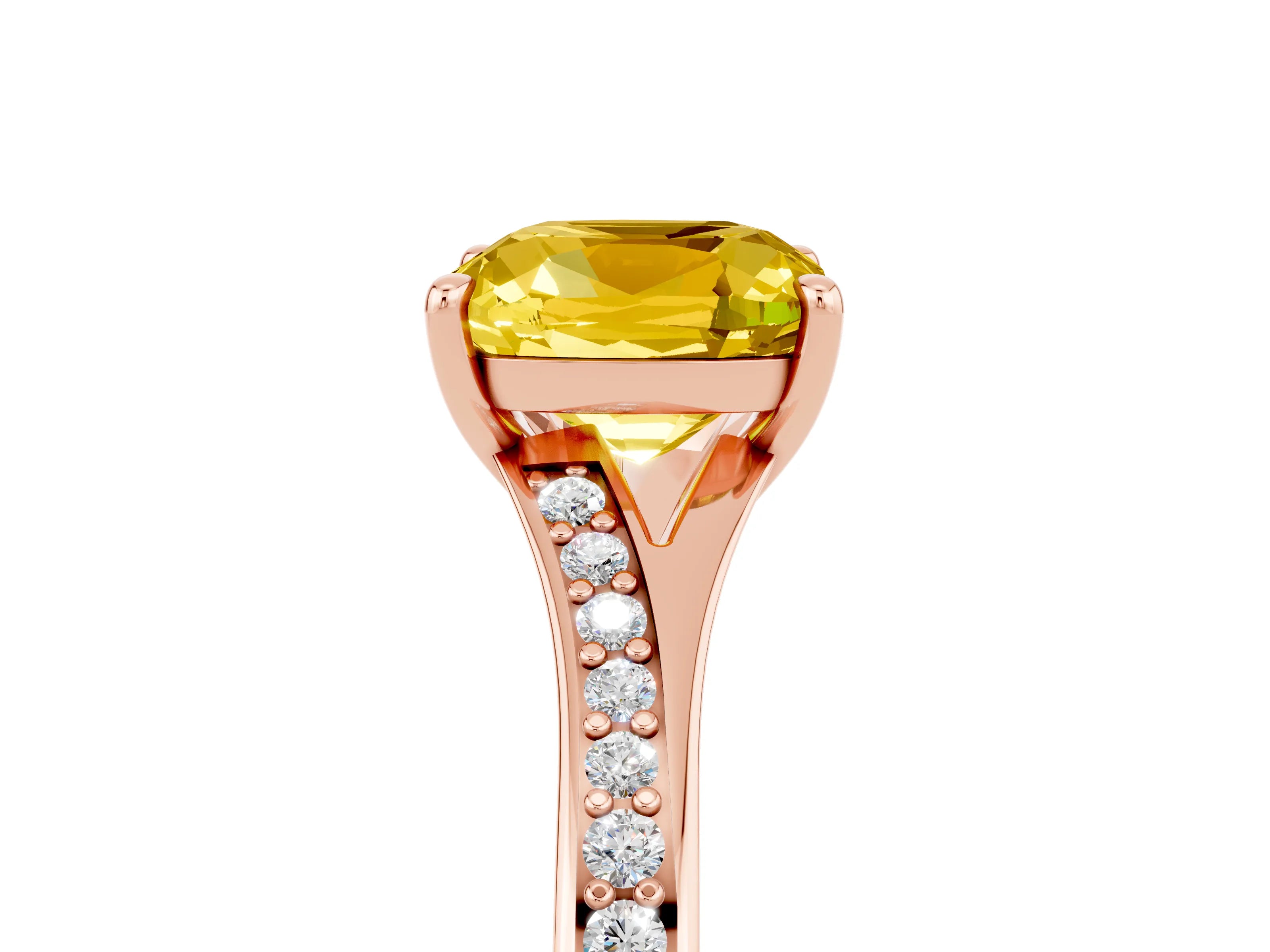 Rose gold Cushion Cut Yellow Sapphire Solitaire Ring with Pavé Band and Prong Setting_17