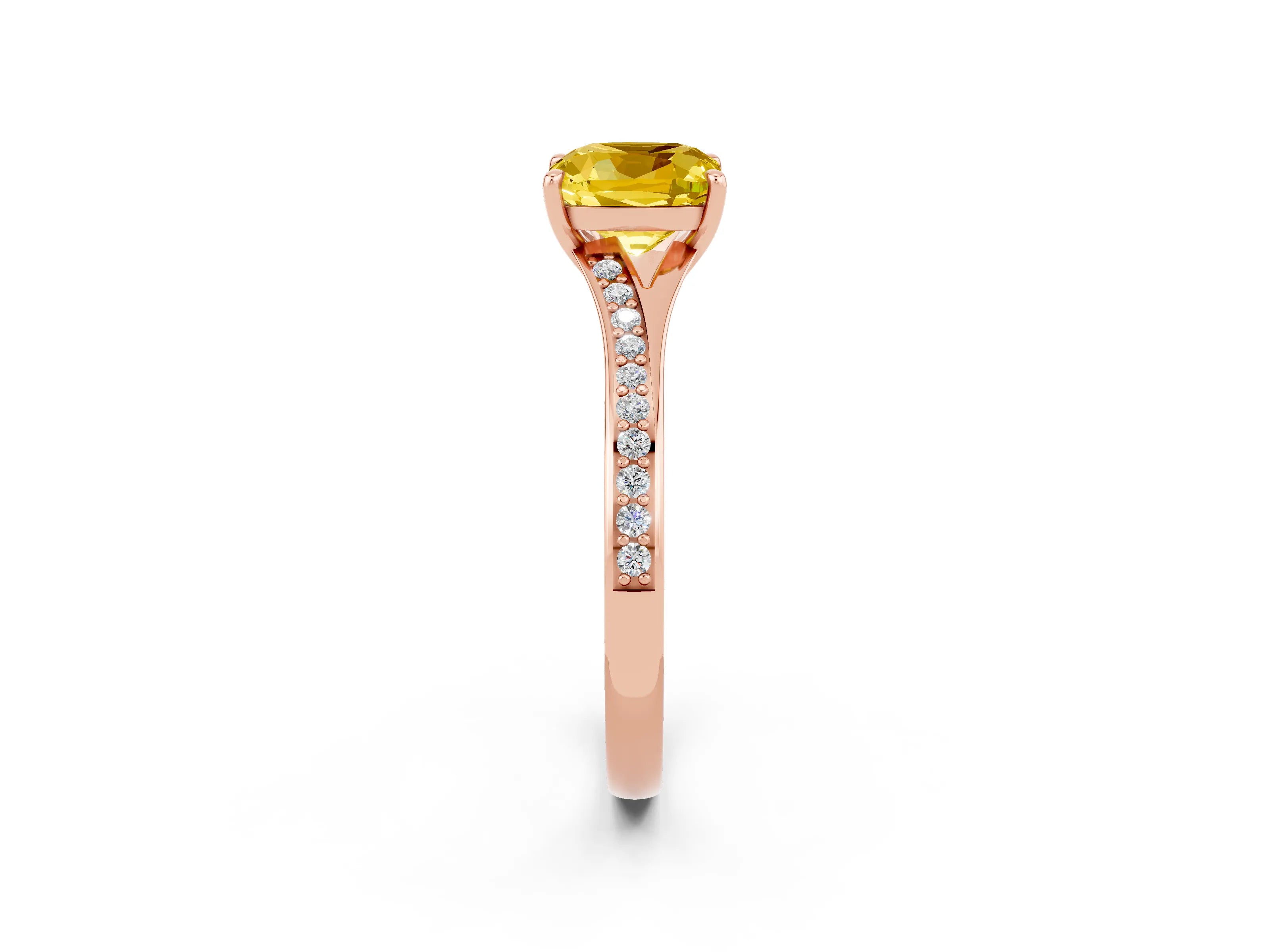 Rose gold Cushion Cut Yellow Sapphire Solitaire Ring with Pavé Band and Prong Setting_2