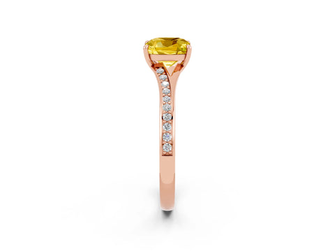 Rose gold Cushion Cut Yellow Sapphire Solitaire Ring with Pavé Band and Prong Setting_2