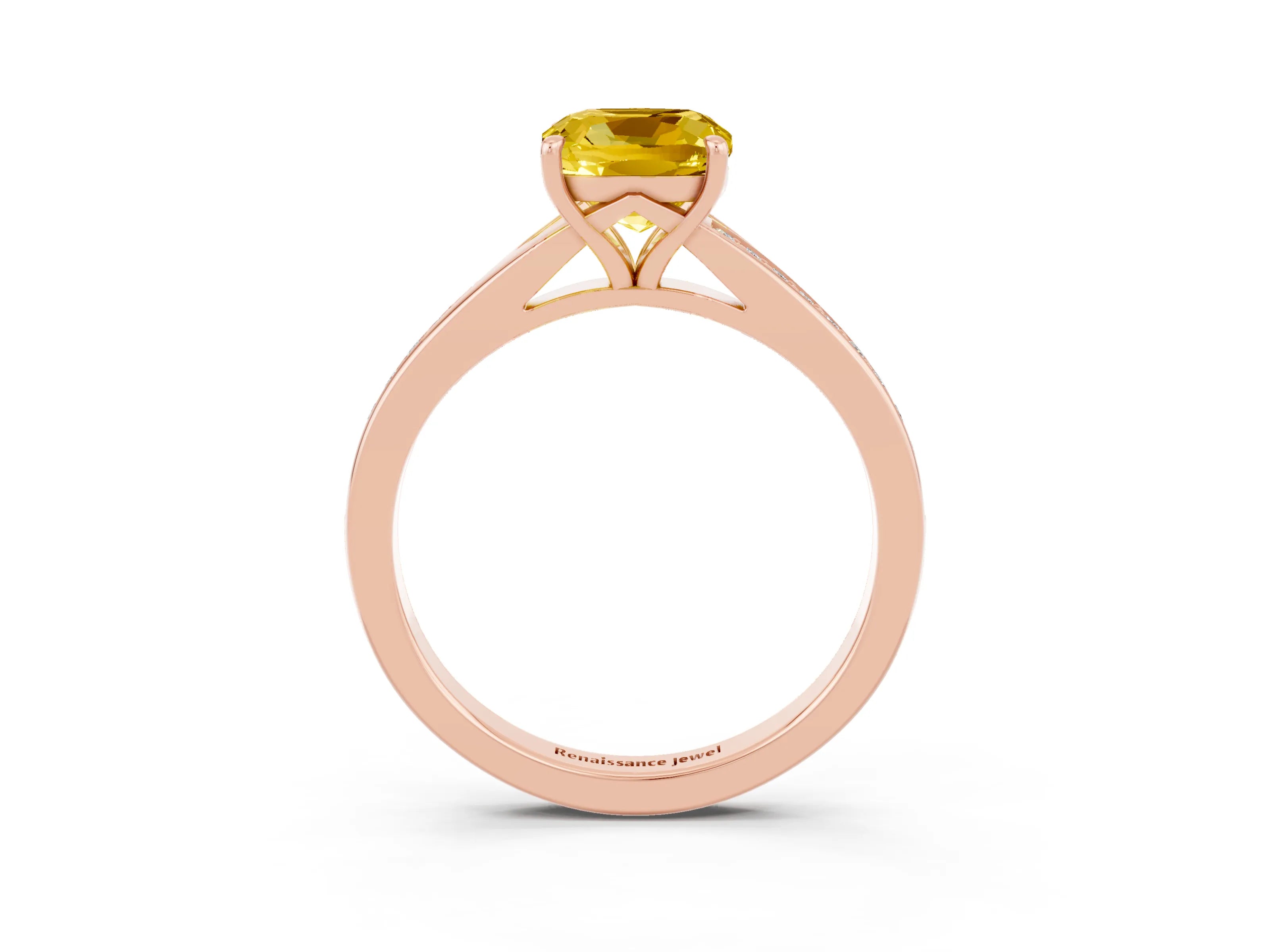 Rose gold Cushion Cut Yellow Sapphire Solitaire Ring with Pavé Band and Prong Setting_3