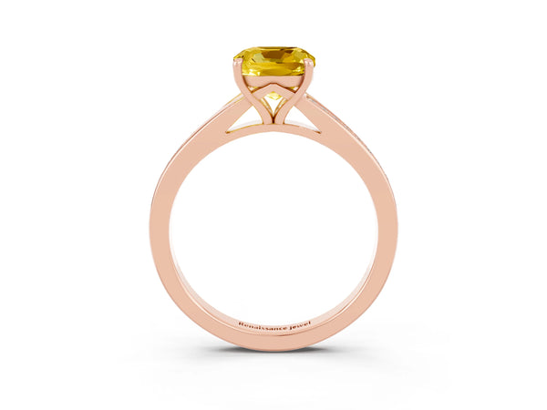 Rose gold Cushion Cut Yellow Sapphire Solitaire Ring with Pavé Band and Prong Setting