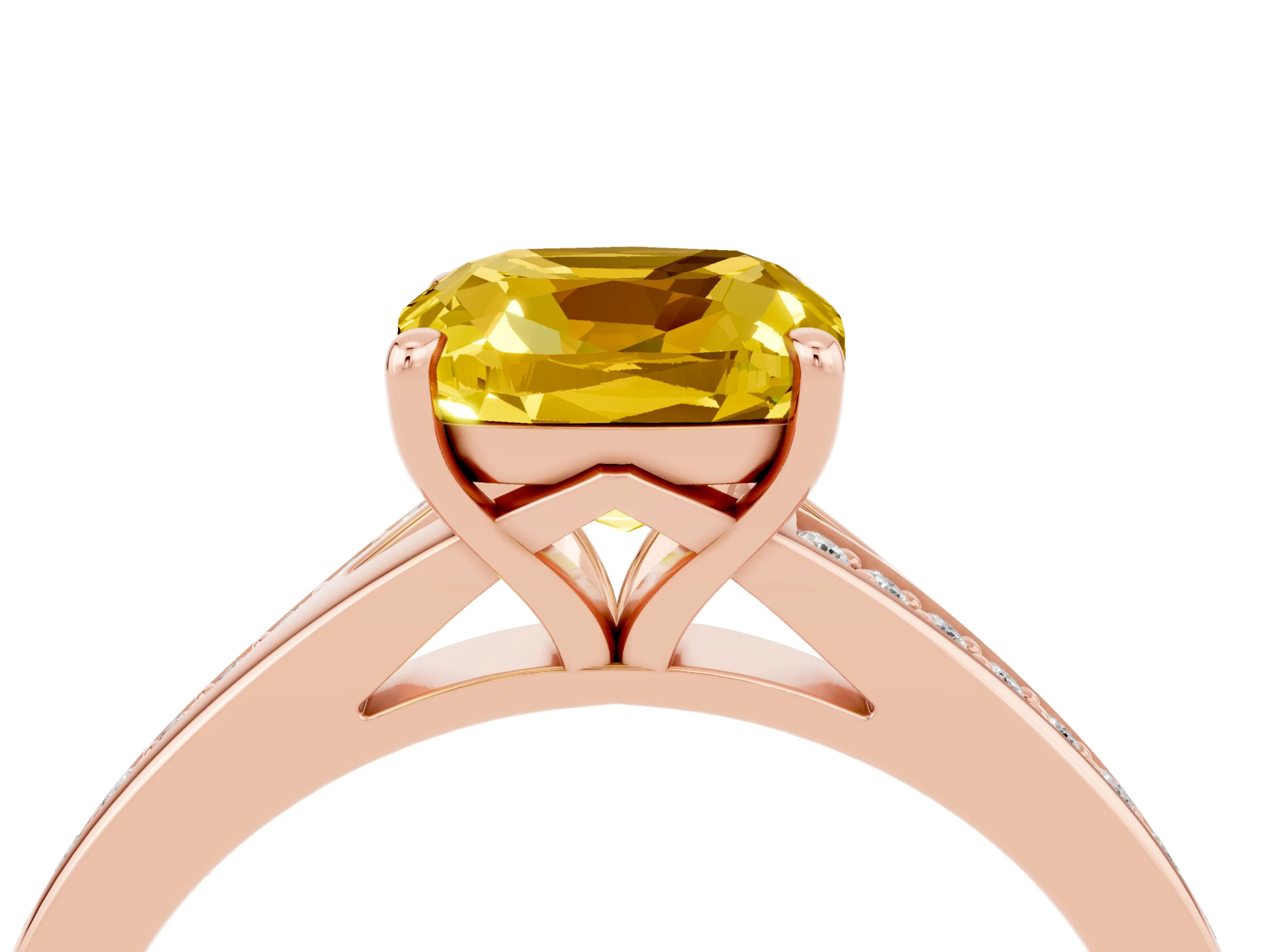 Rose gold Cushion Cut Yellow Sapphire Solitaire Ring with Pavé Band and Prong Setting_4