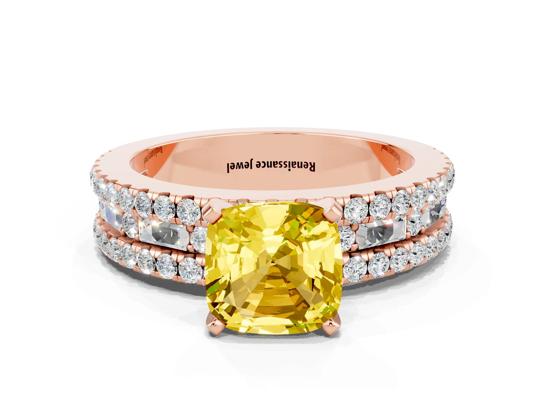 Rose gold Cushion Cut Yellow Sapphire Solitaire Ring with Pavé and Channel Set Band_24