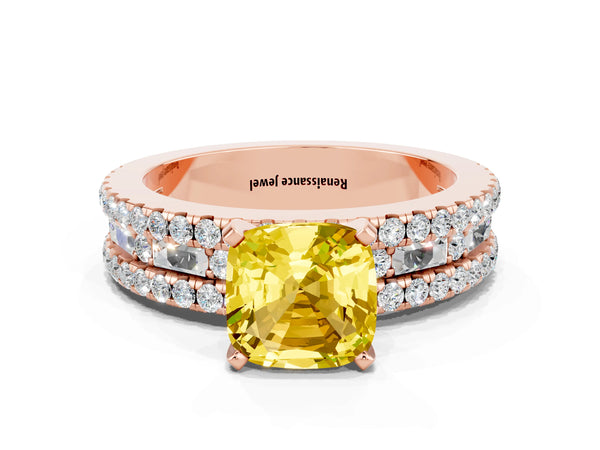 Rose gold Cushion Cut Yellow Sapphire Solitaire Ring with Pavé and Channel Set Band