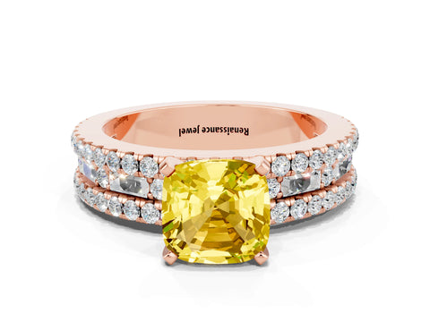 Rose gold Cushion Cut Yellow Sapphire Solitaire Ring with Pavé and Channel Set Band_24