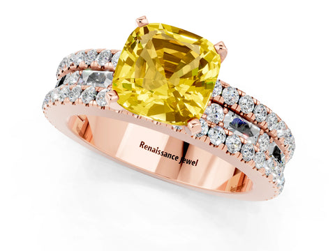 Rose gold Cushion Cut Yellow Sapphire Solitaire Ring with Pavé and Channel Set Band_25