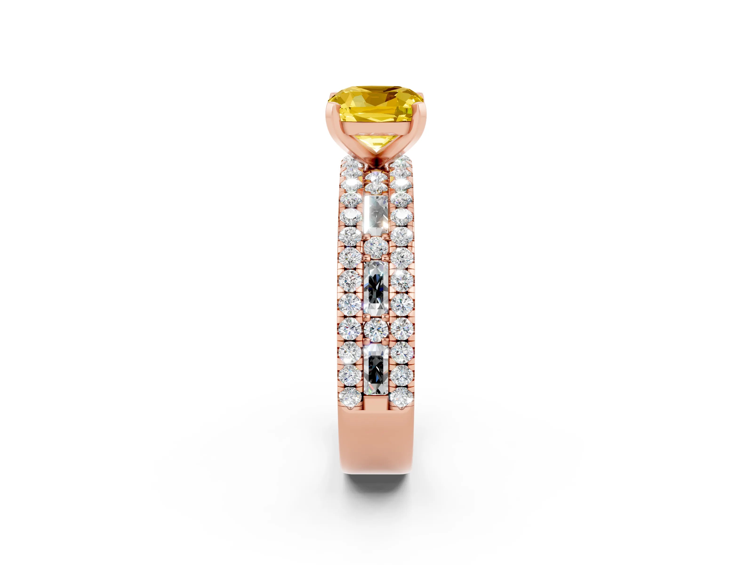 Rose gold Cushion Cut Yellow Sapphire Solitaire Ring with Pavé and Channel Set Band_26