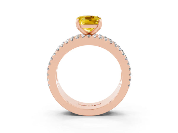 Rose gold Cushion Cut Yellow Sapphire Solitaire Ring with Pavé and Channel Set Band