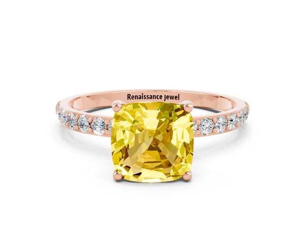 Rose gold Cushion Cut Yellow Sapphire Solitaire Ring with Round  Pavé Band and Prong Setting