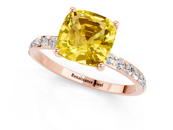 Rose gold Cushion Cut Yellow Sapphire Solitaire Ring with Round  Pavé Band and Prong Setting