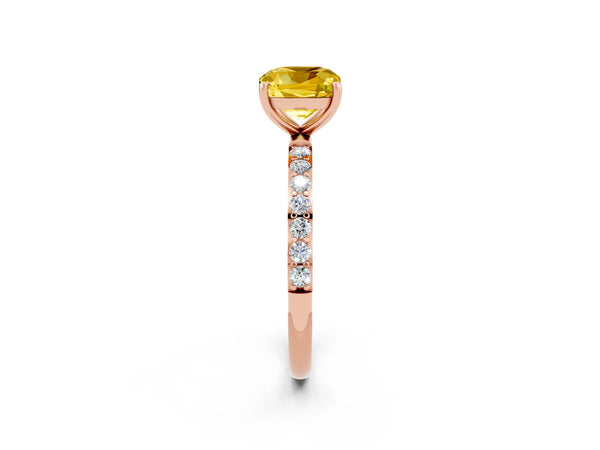 Rose gold Cushion Cut Yellow Sapphire Solitaire Ring with Round  Pavé Band and Prong Setting