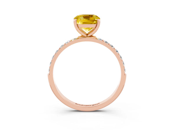Rose gold Cushion Cut Yellow Sapphire Solitaire Ring with Round  Pavé Band and Prong Setting