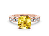 Rose gold Cushion Cut Yellow Sapphire Solitaire Ring with Round  Pavé Band and Four-Prong Setting_44