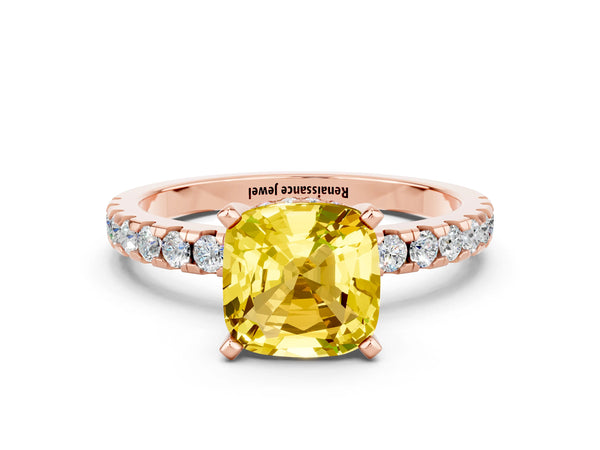 Rose gold Cushion Cut Yellow Sapphire Solitaire Ring with Round Pavé Band and Four-Prong Setting