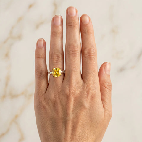 Rose gold Cushion Cut Yellow Sapphire Solitaire Ring with Round  Pavé Band and Four-Prong Setting_78