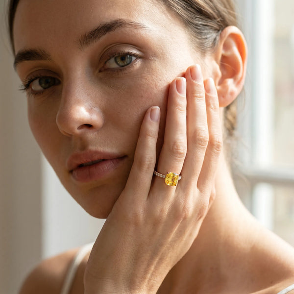 Rose gold Cushion Cut Yellow Sapphire Solitaire Ring with Round  Pavé Band and Four-Prong Setting