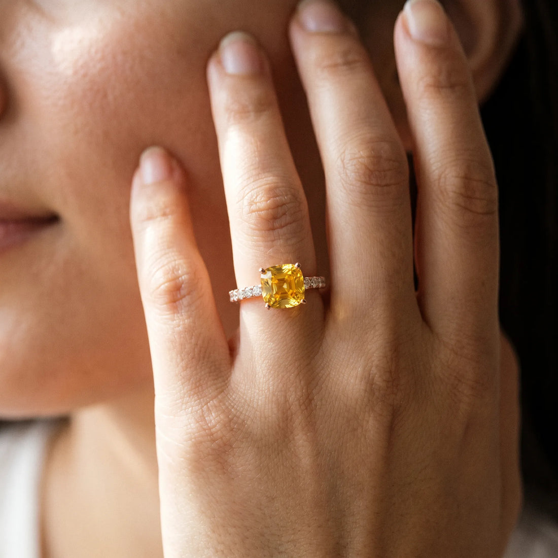 Rose gold Cushion Cut Yellow Sapphire Solitaire Ring with Round  Pavé Band and Four-Prong Setting_80