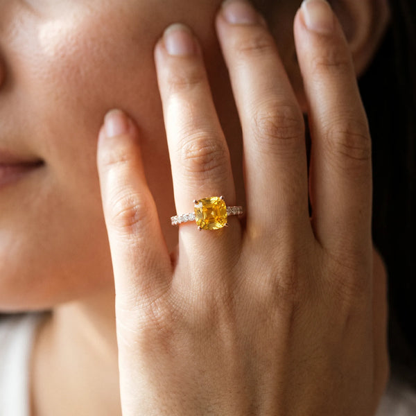 Rose gold Cushion Cut Yellow Sapphire Solitaire Ring with Round  Pavé Band and Four-Prong Setting