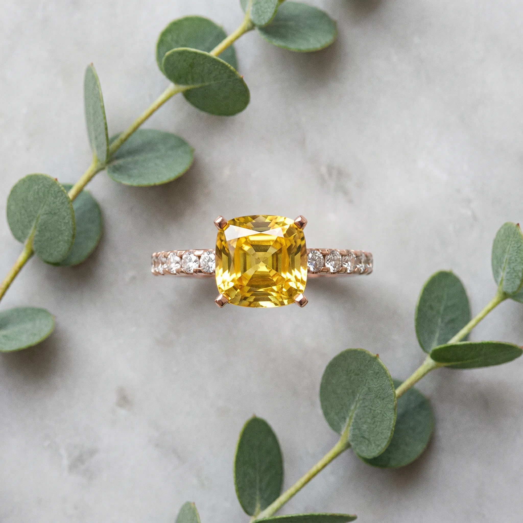 Rose gold Cushion Cut Yellow Sapphire Solitaire Ring with Round  Pavé Band and Four-Prong Setting_81