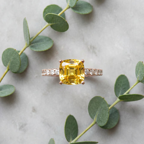 Rose gold Cushion Cut Yellow Sapphire Solitaire Ring with Round  Pavé Band and Four-Prong Setting_81