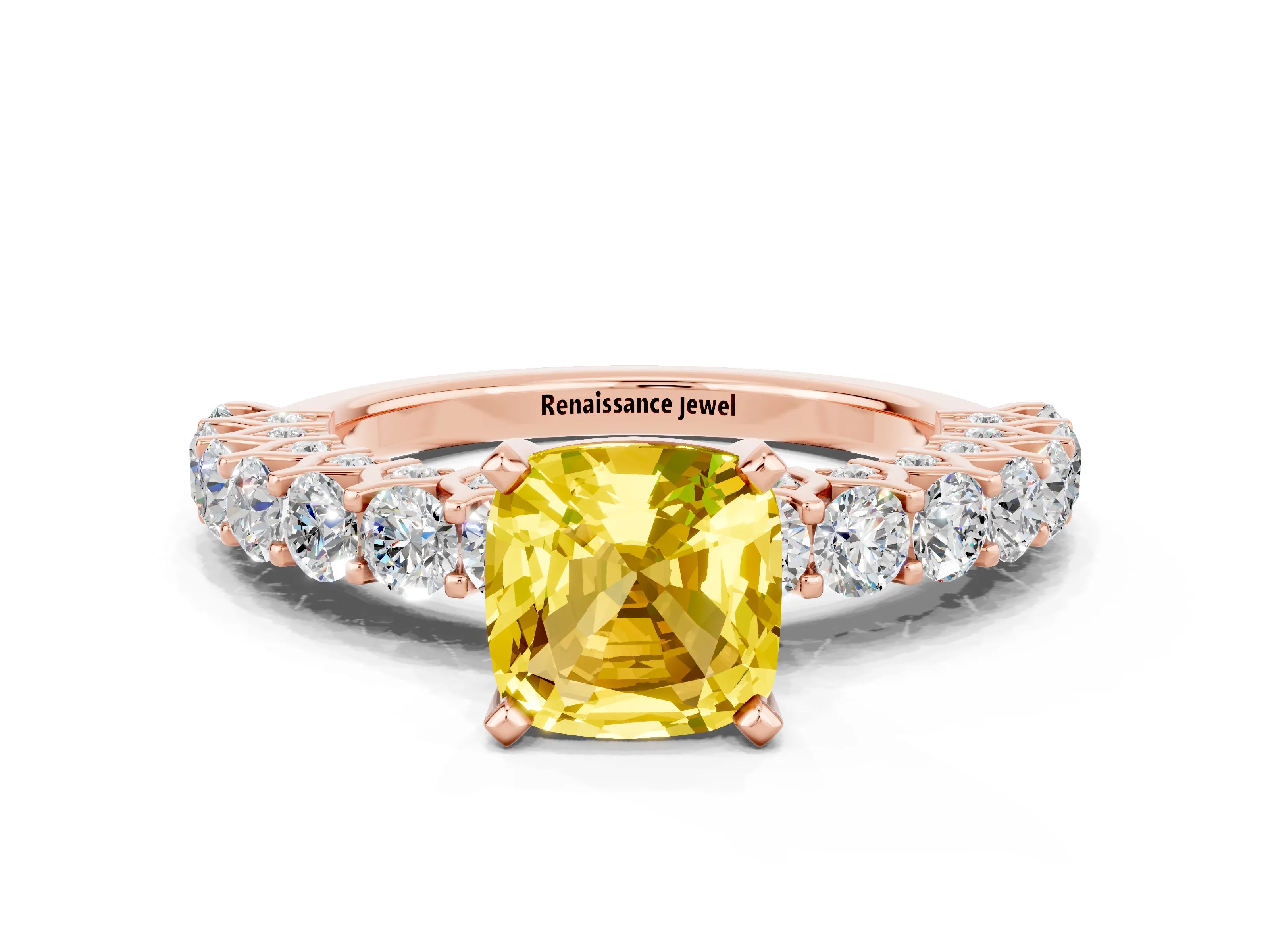 Rose gold Cushion Cut Yellow Sapphire Solitaire Ring with Shared Prong Pavé Band and Four-Prong Setting