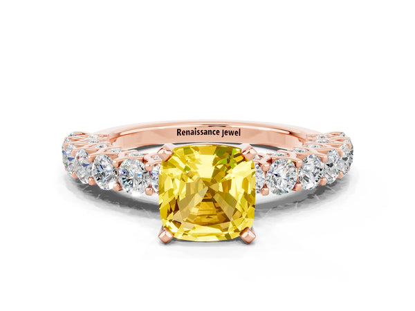 Rose gold Cushion Cut Yellow Sapphire Solitaire Ring with Shared Prong Pavé Band and Four-Prong Setting