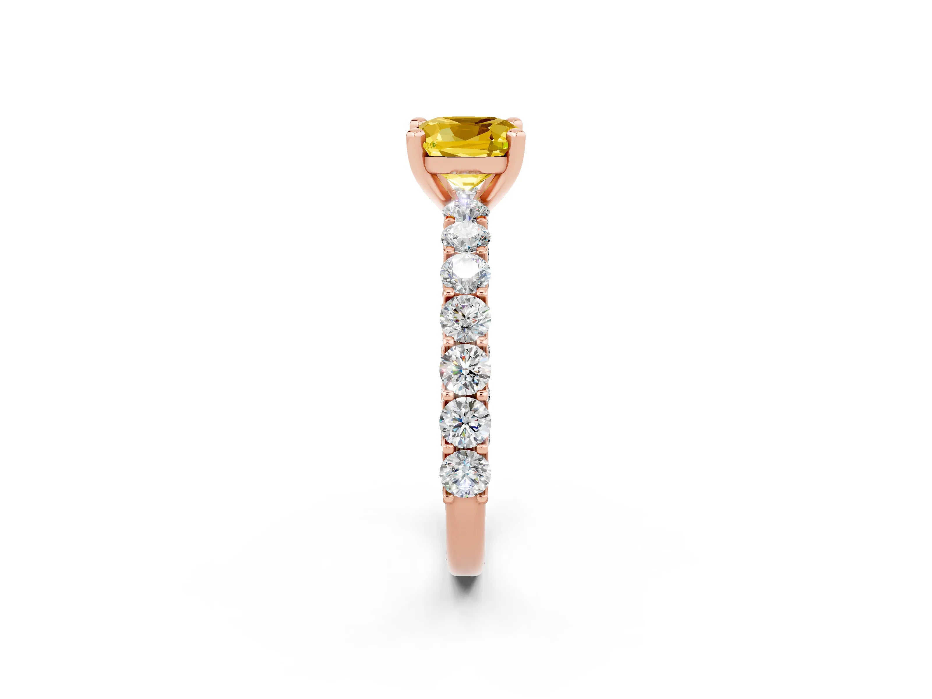 Rose gold Cushion Cut Yellow Sapphire Solitaire Ring with Shared Prong Pavé Band and Four-Prong Setting_2