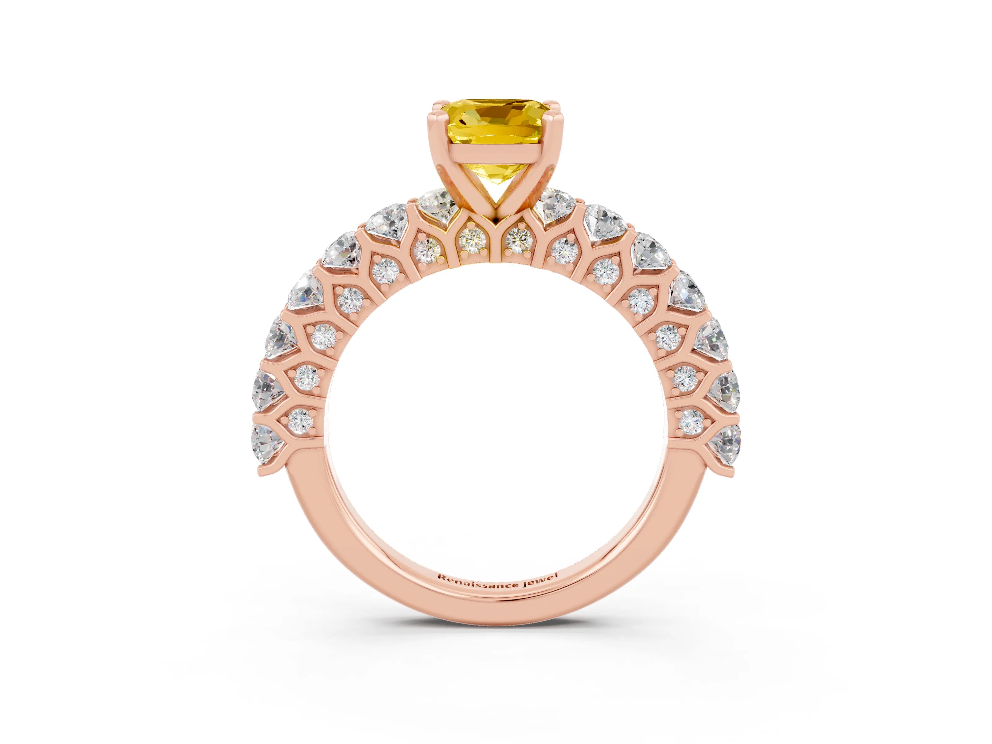 Rose gold Cushion Cut Yellow Sapphire Solitaire Ring with Shared Prong Pavé Band and Four-Prong Setting_3