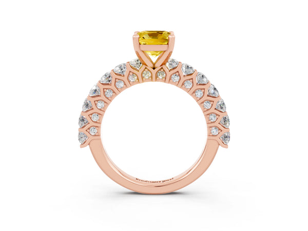 Rose gold Cushion Cut Yellow Sapphire Solitaire Ring with Shared Prong Pavé Band and Four-Prong Setting