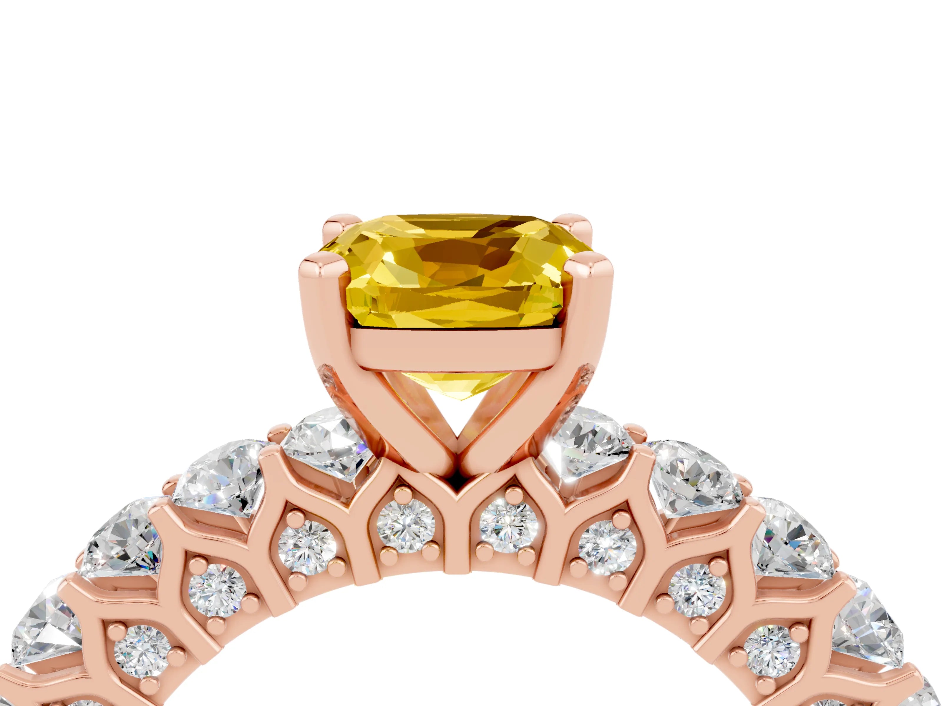 Rose gold Cushion Cut Yellow Sapphire Solitaire Ring with Shared Prong Pavé Band and Four-Prong Setting_4